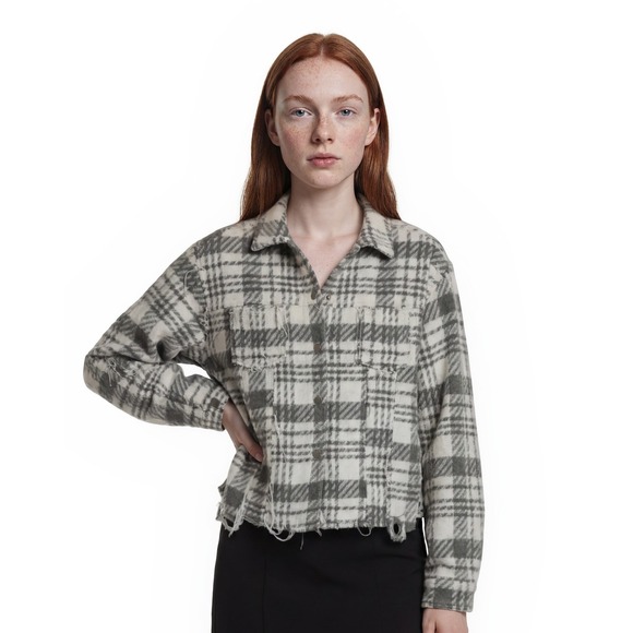POL Clothing Jackets & Blazers - POL Anthropologie Shacket Jacket Women's Size Large Grey White Plaid Top